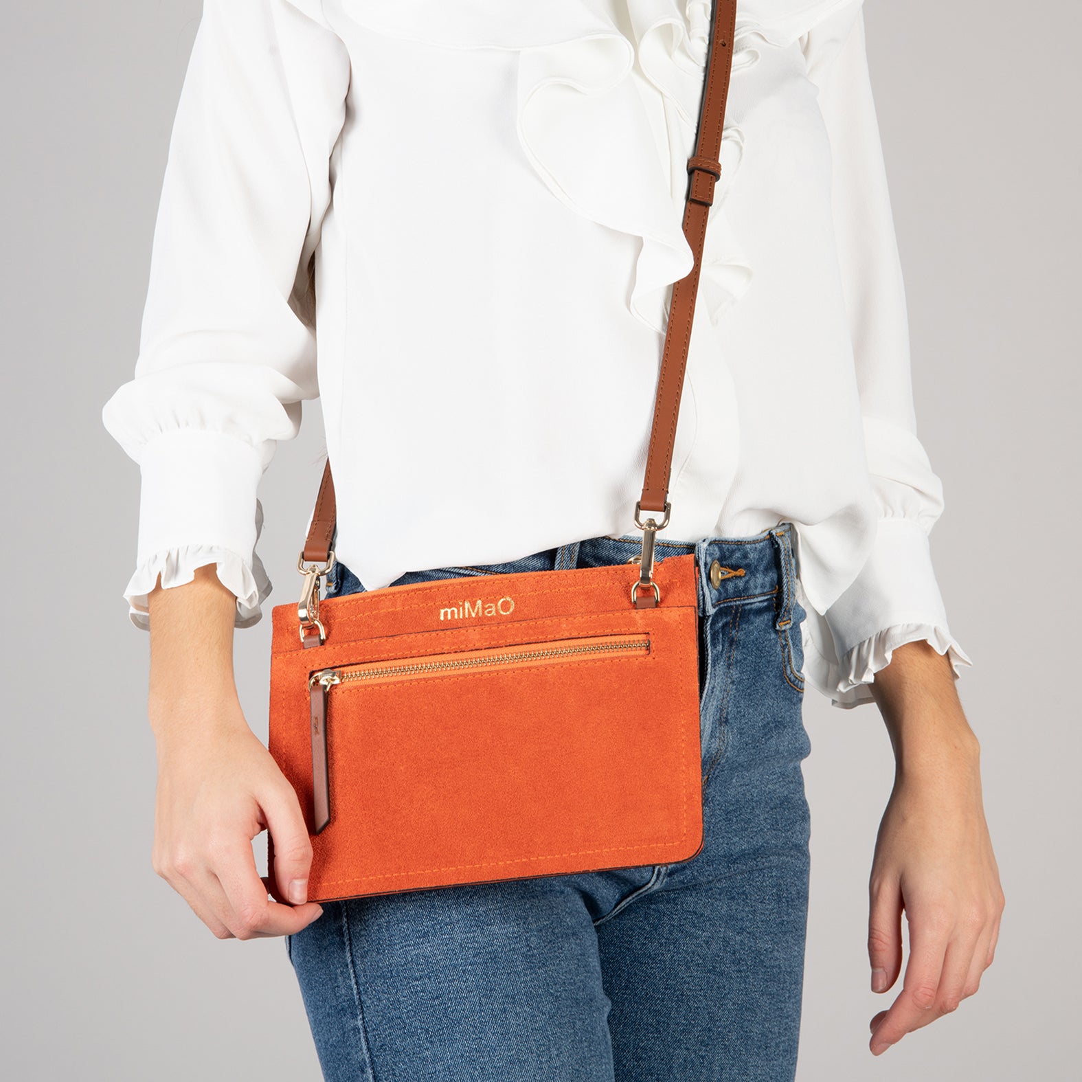 CLASSIC Bolso Bandolera De Piel Con Doble Cremallera NARANJA | MiMaO