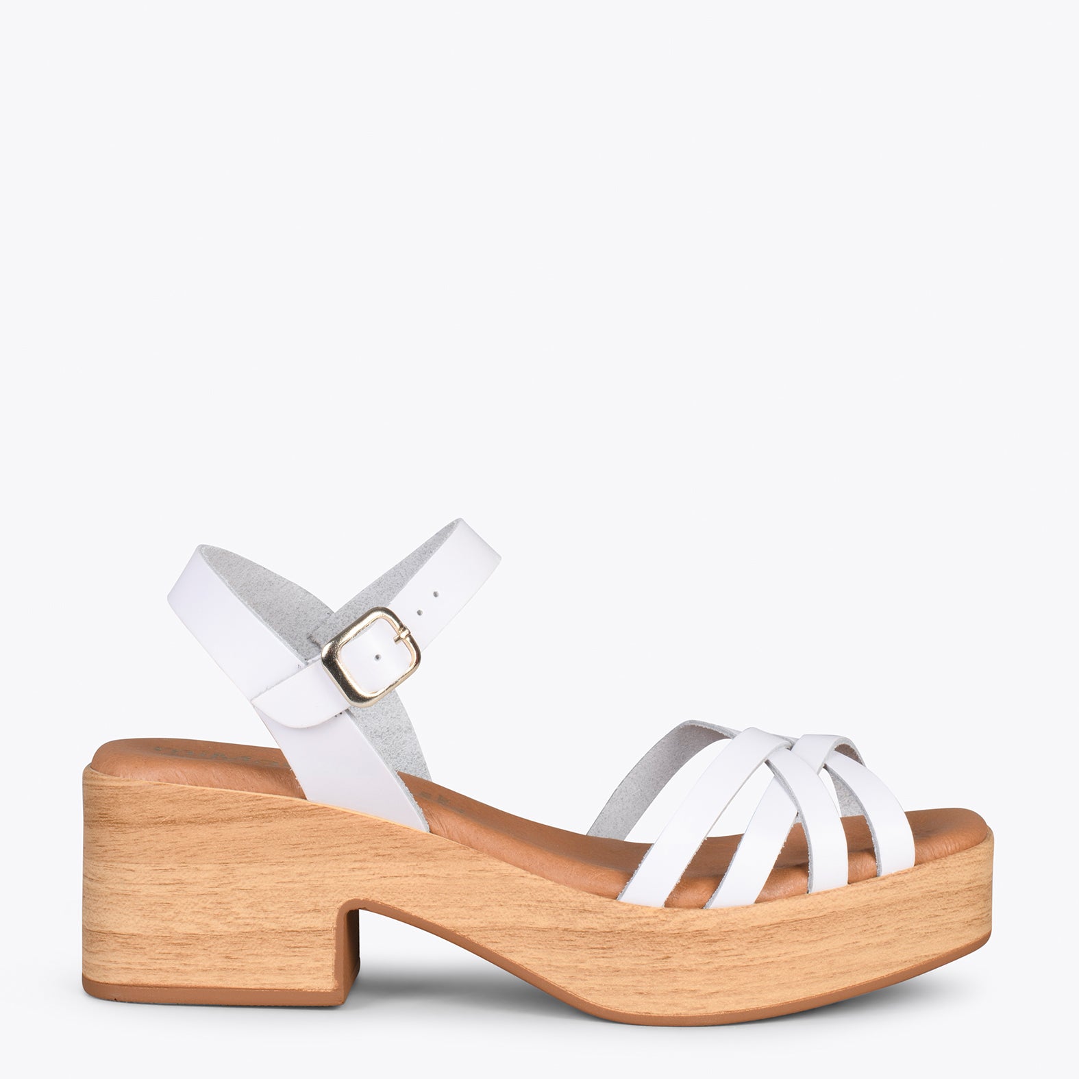 WOOD – WHITE strappy sandal with wooden heel