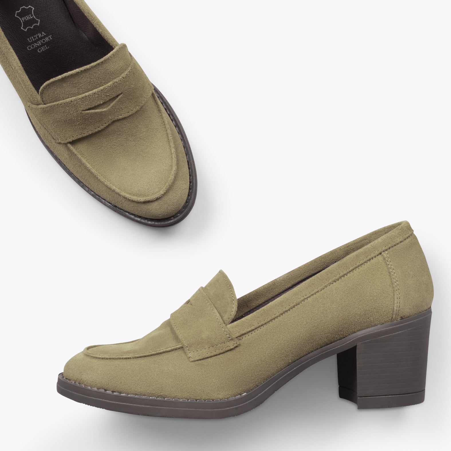 MOKKA – KHAKI suede leather mid heel moccasin