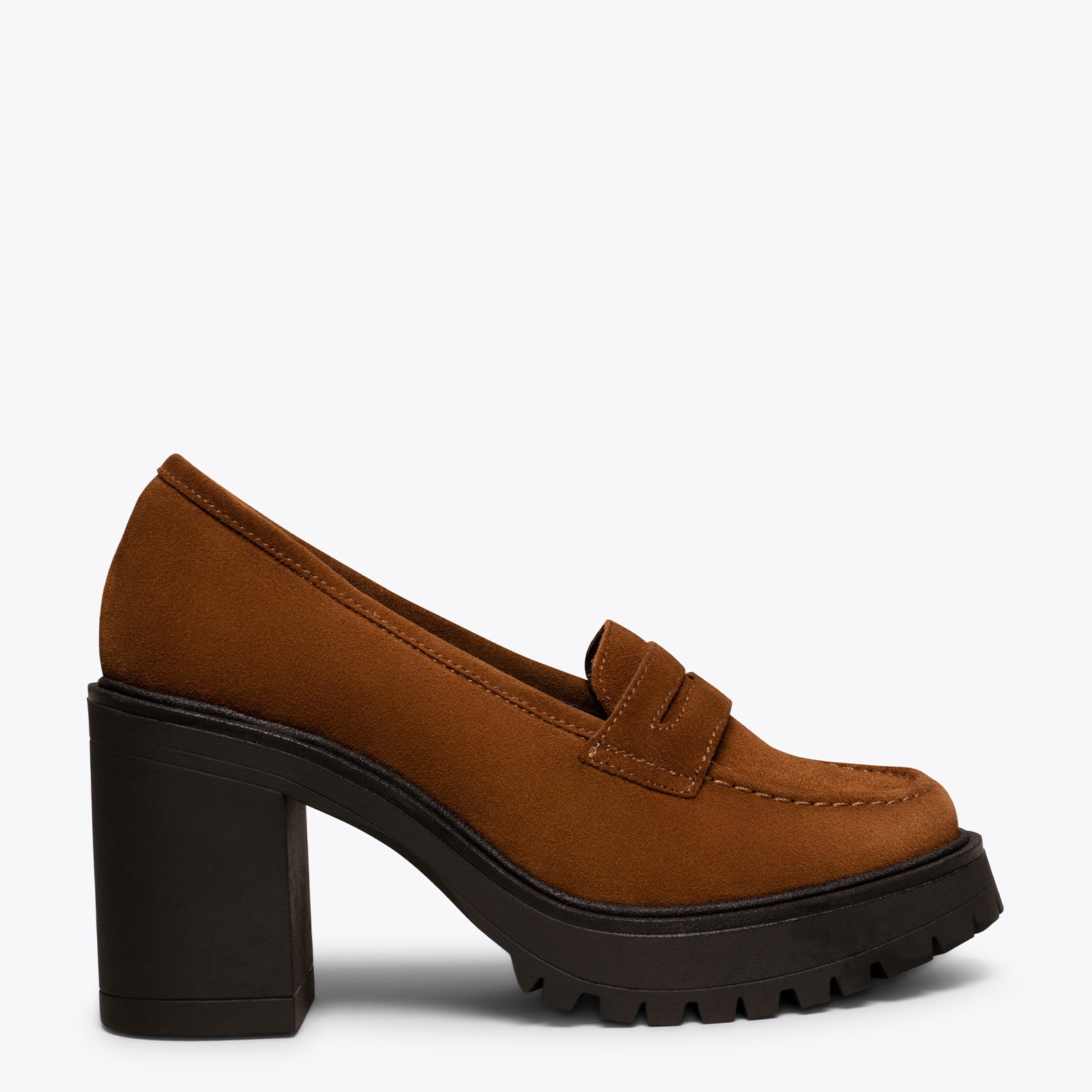 TRACK – CAMEL high heel moccasin with track sole