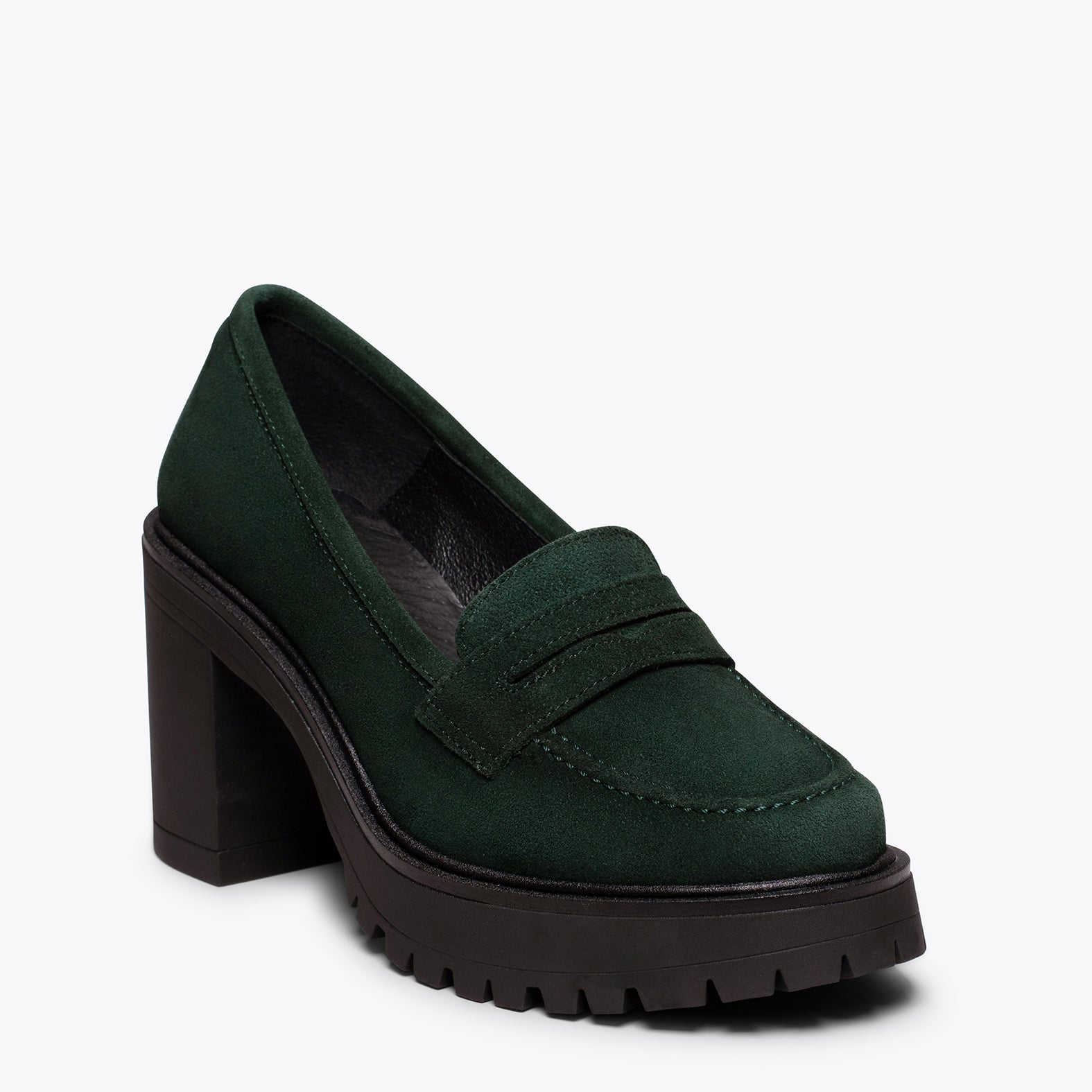 TRACK – GREEN high heel moccasin with track sole