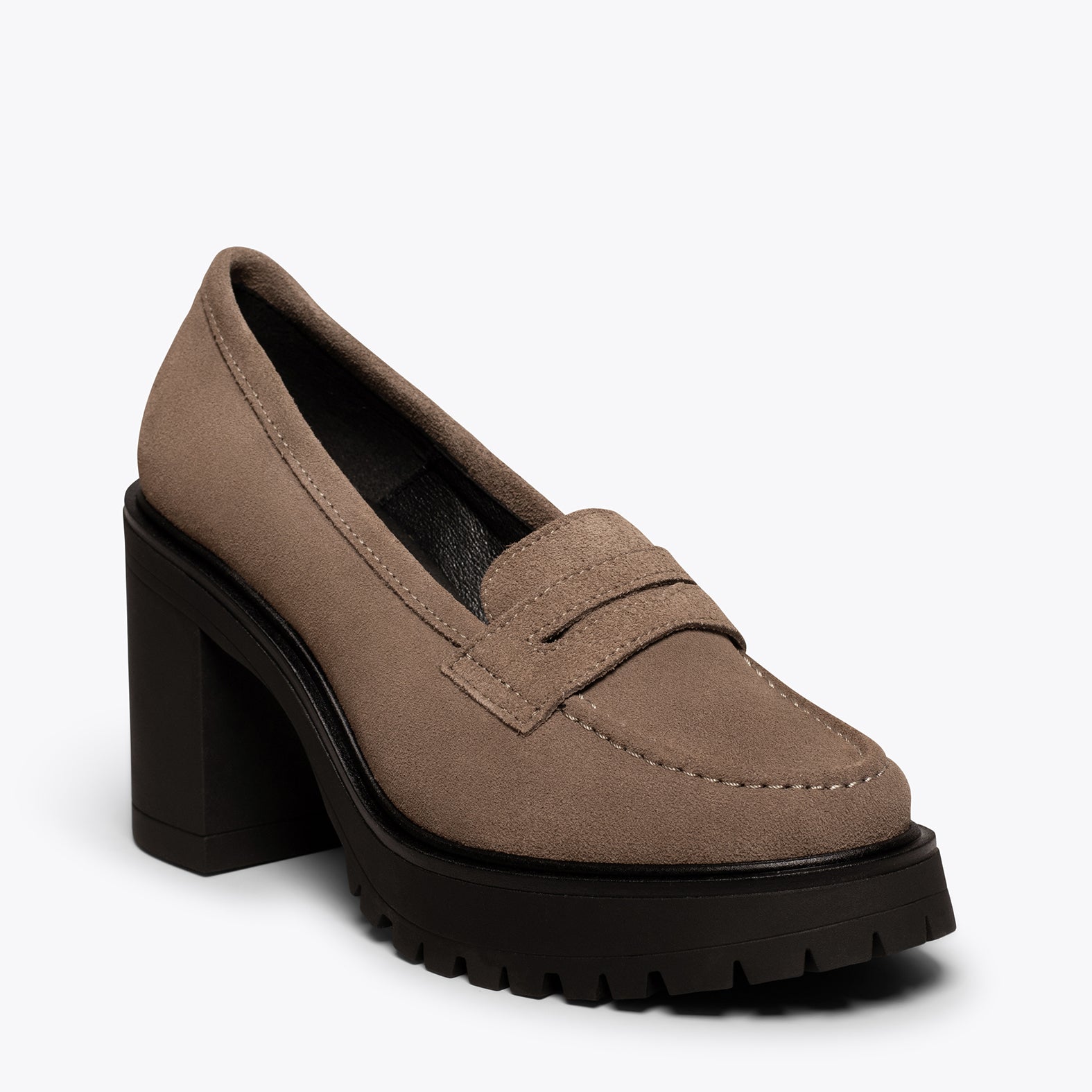 TRACK – TAUPE high heel moccasin with track sole