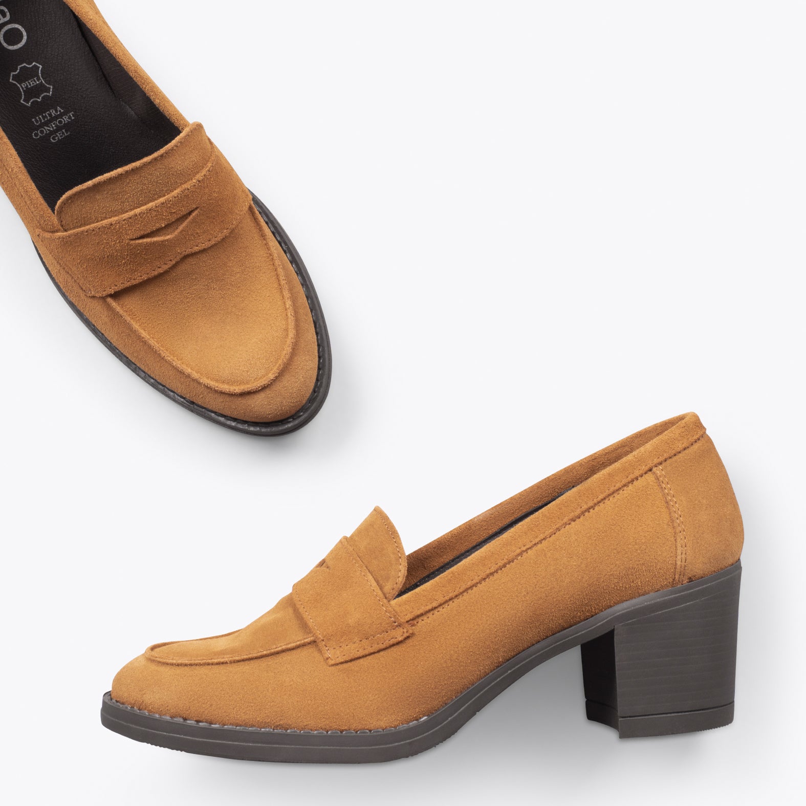 MOKKA – CAMEL suede leather mid heel moccasin