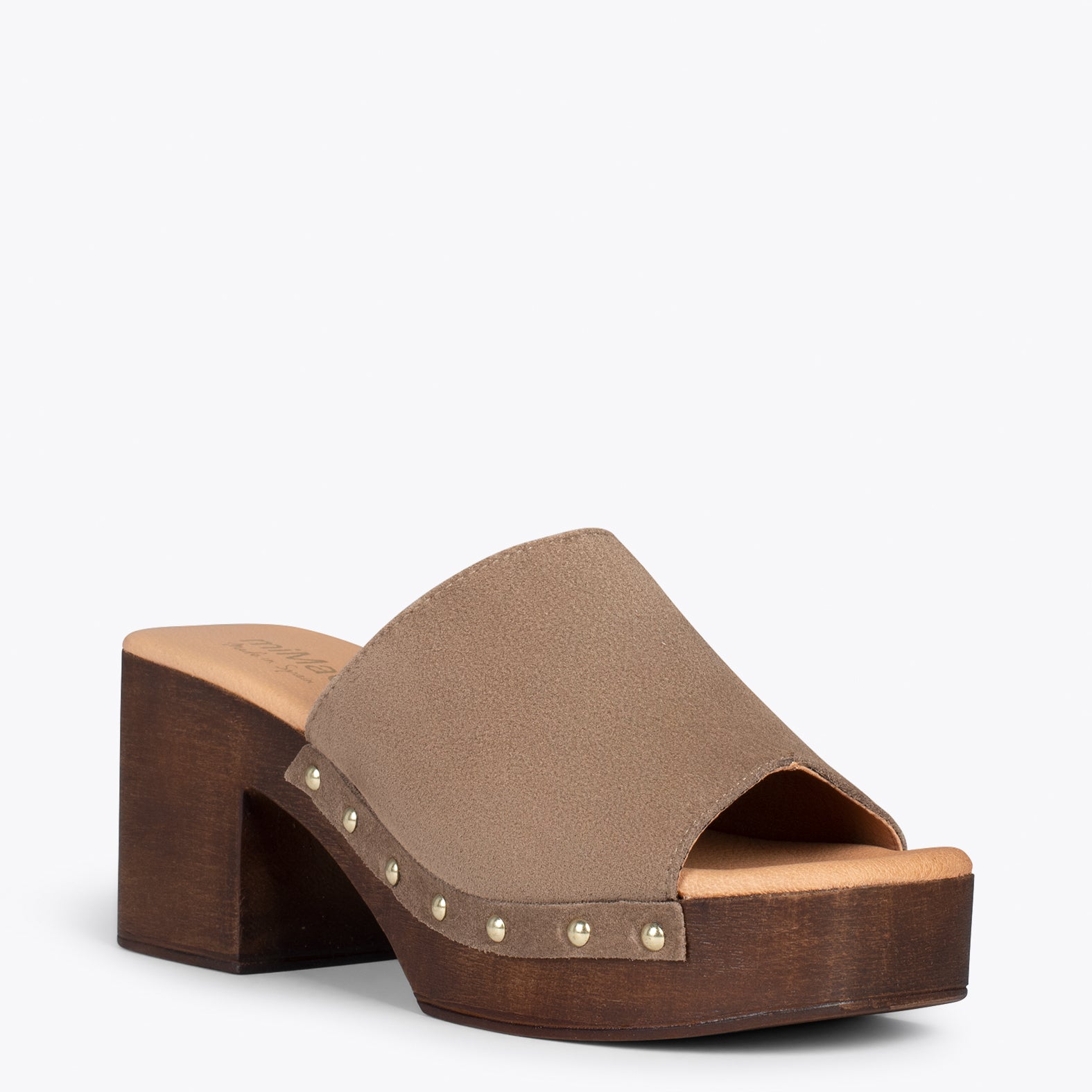 HOLIDAY – TAUPE mules with heel and platform