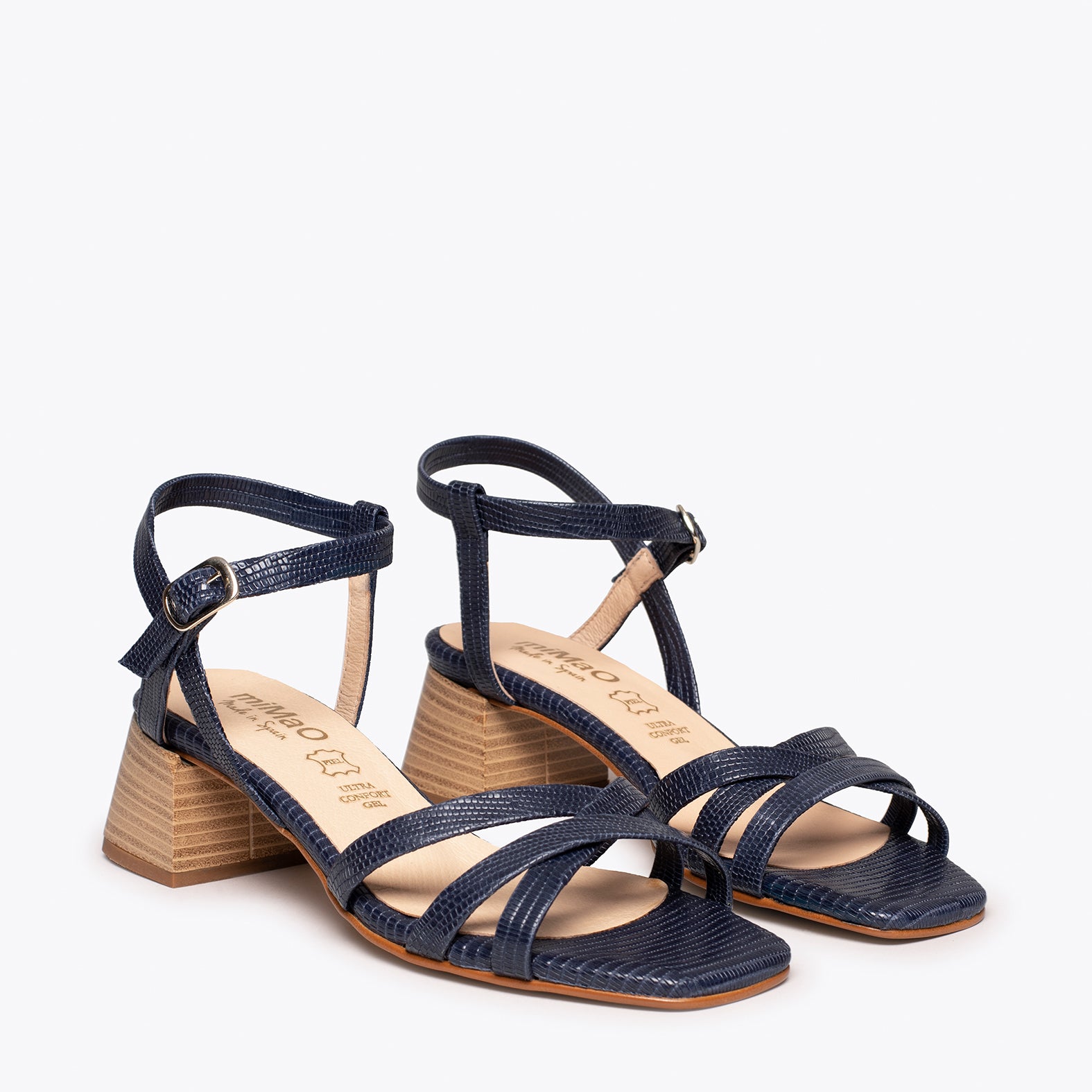 ELEGANT – NAVY mid heel sandal with snake texture
