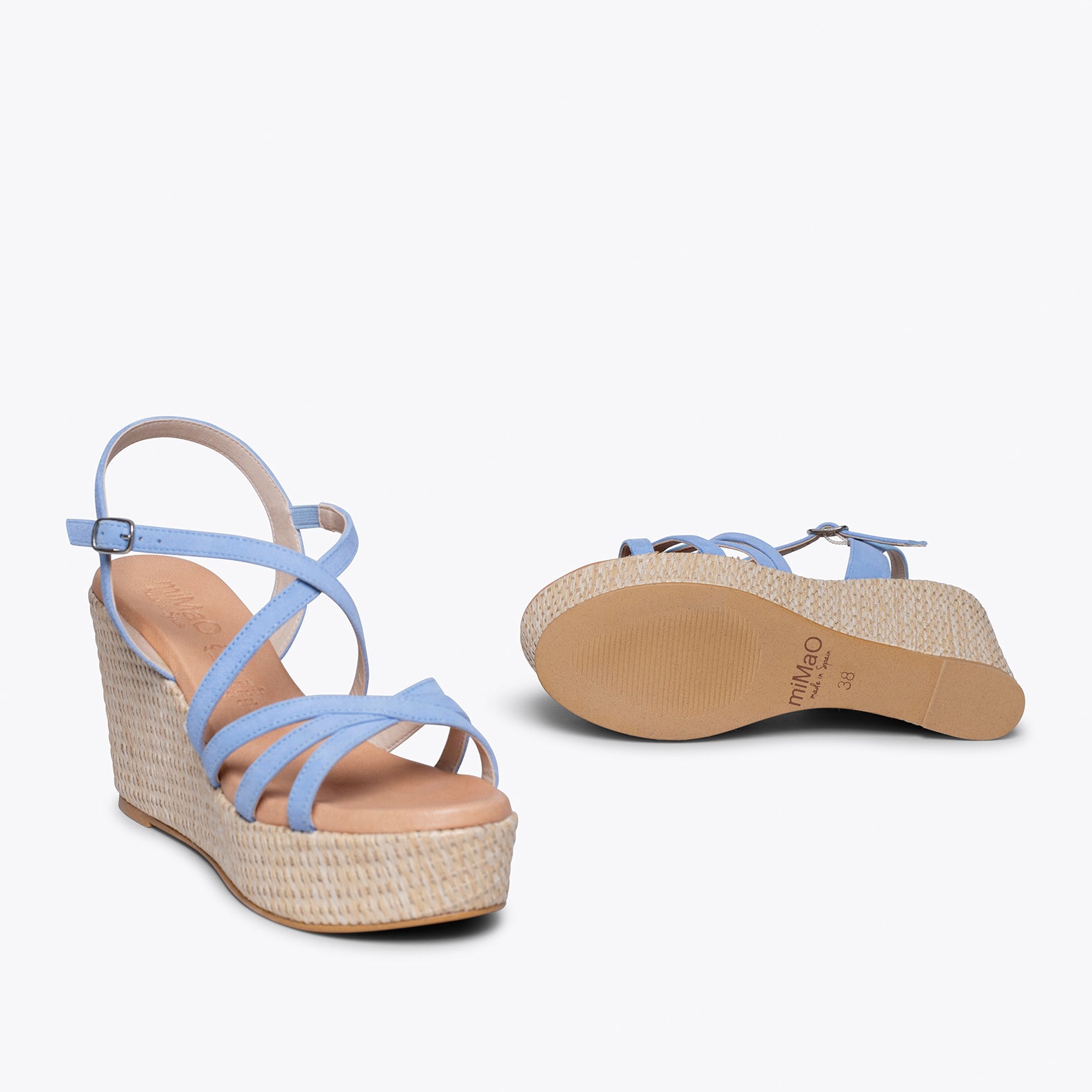 MICONOS Cuña con plataforma de rafia y tiras cruzadas AZUL CLARO