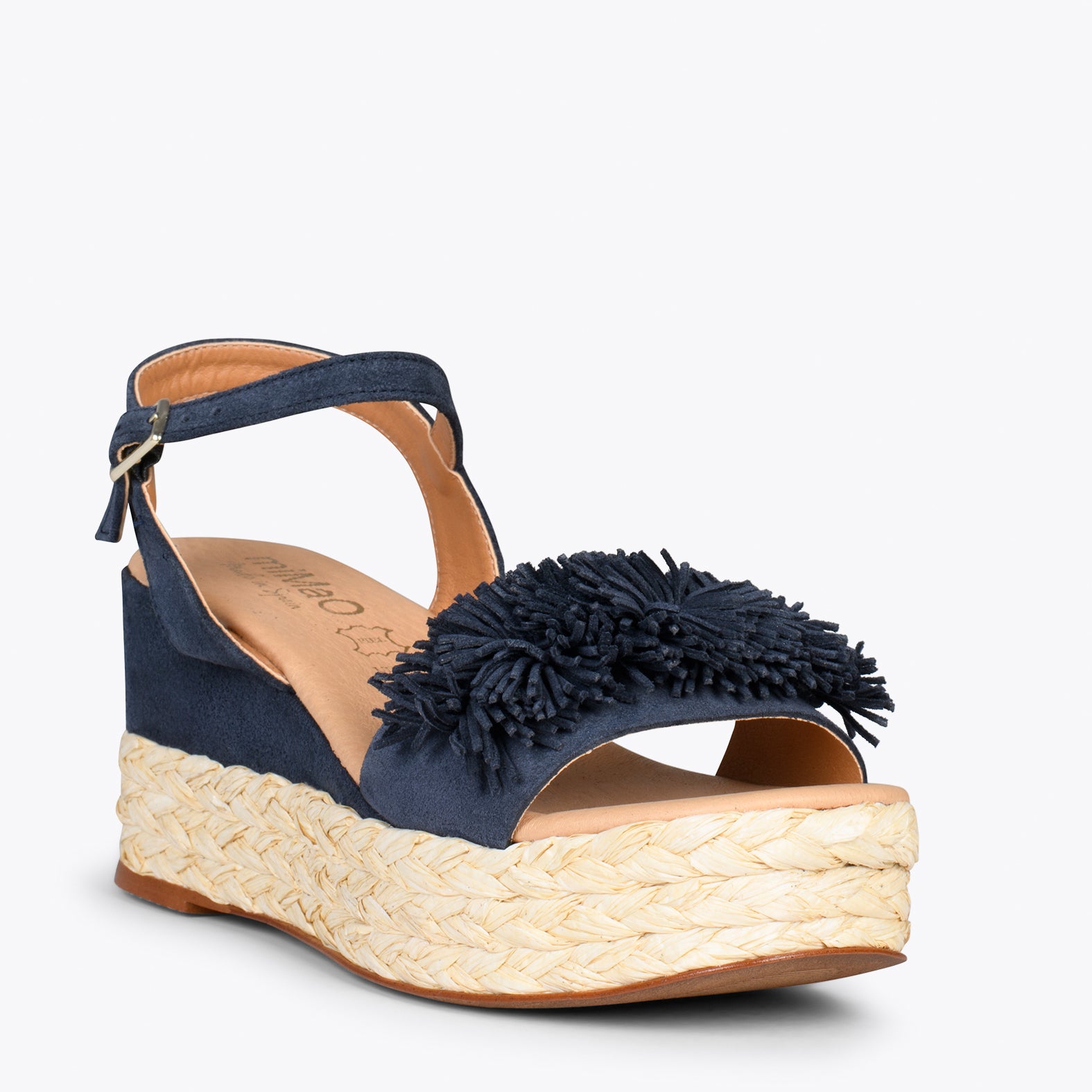 FLOWER NAVY raffia and suede flatforms miMaO