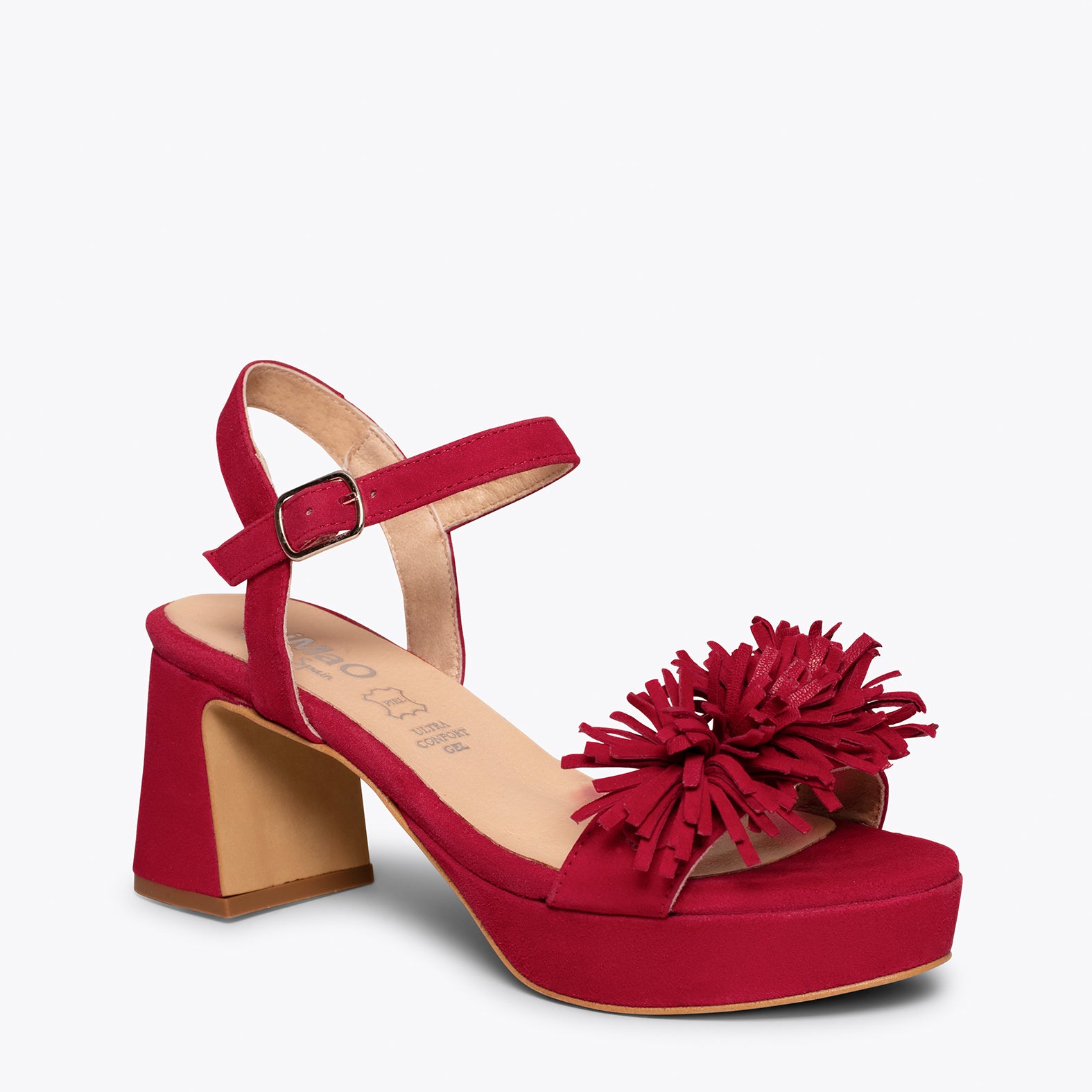 POMPOM – RED mid heel sandals with fringes
