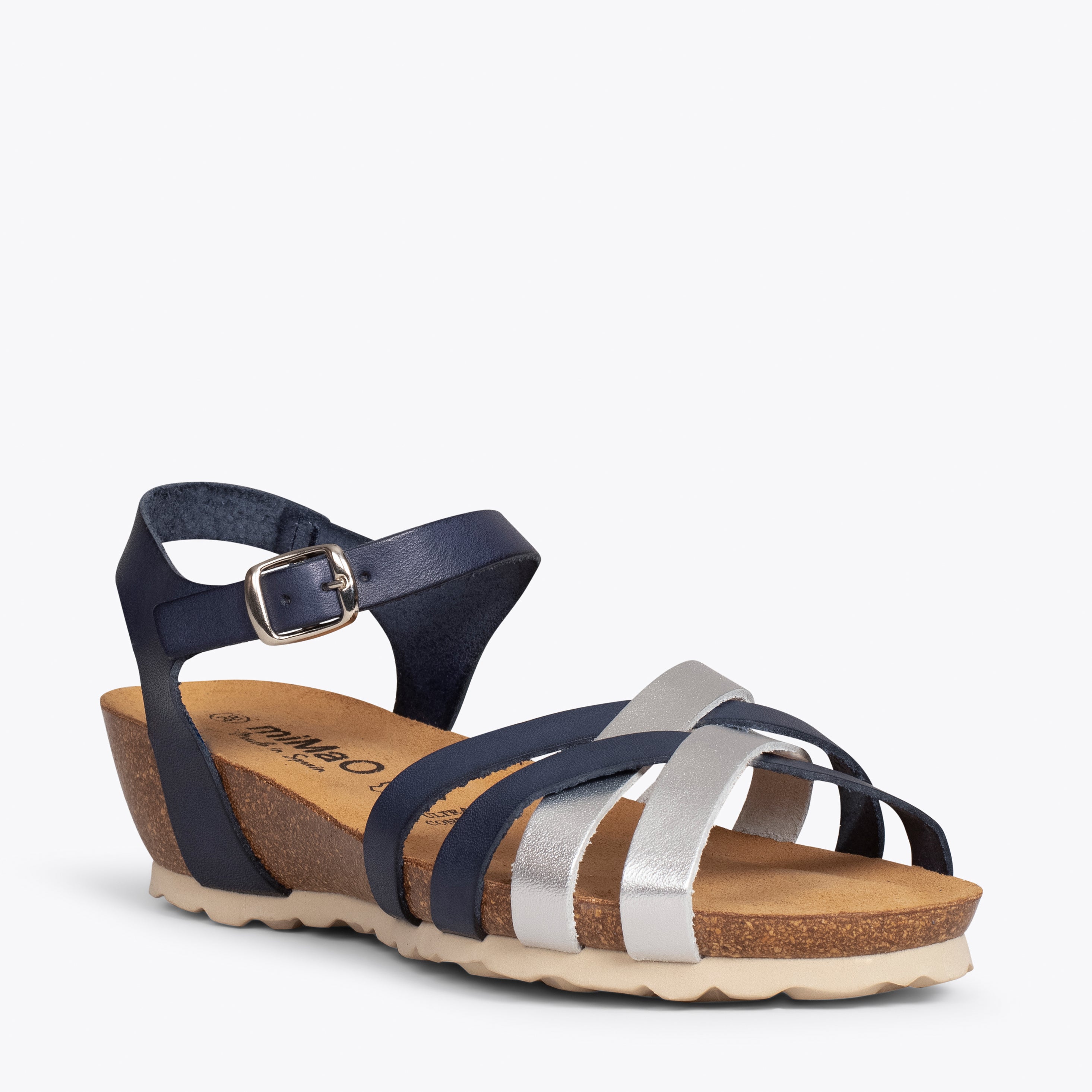 SOFT – NAVY AND SILVER sandals with BIO wedge