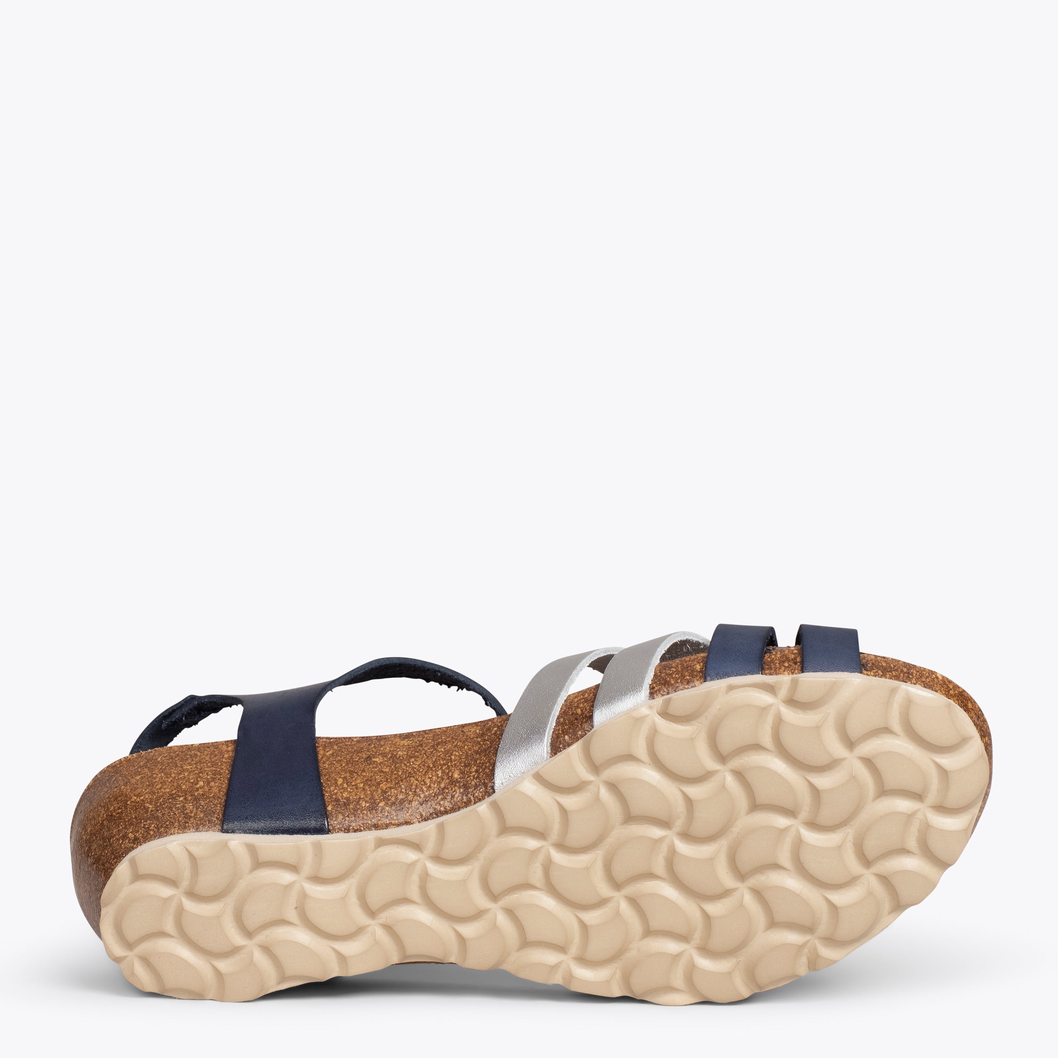 SOFT – NAVY AND SILVER sandals with BIO wedge