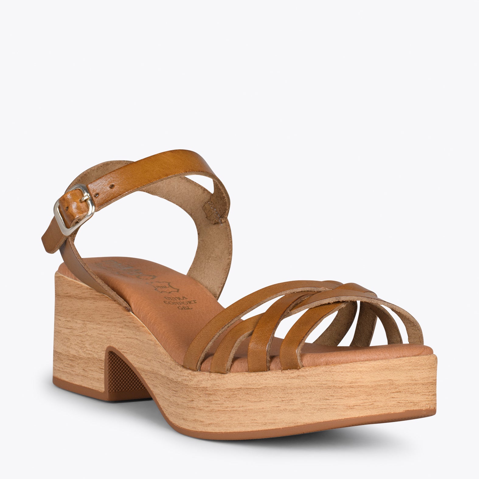 WOOD – CAMEL strappy sandal with wooden heel