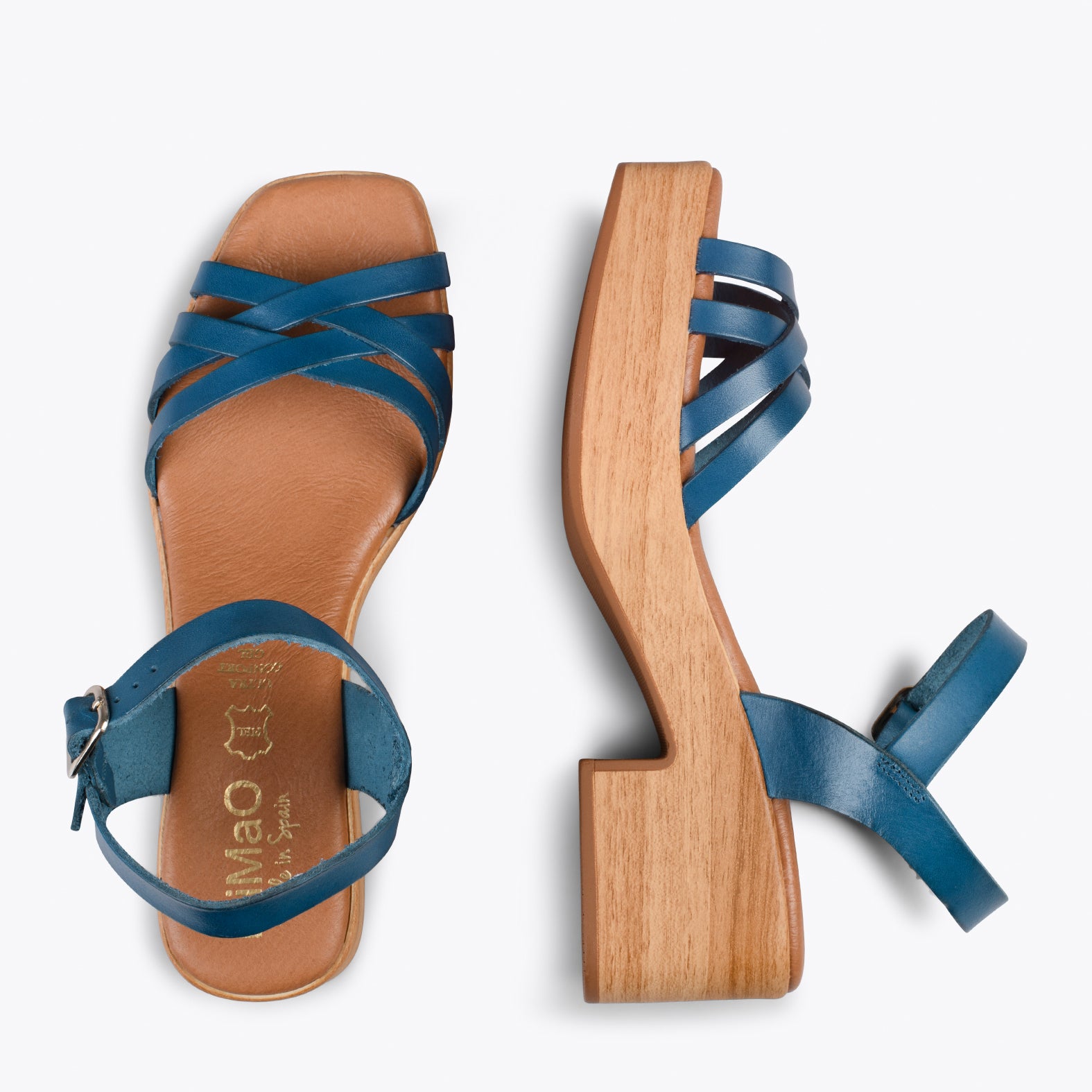 WOOD – BLUE strappy sandal with wooden heel
