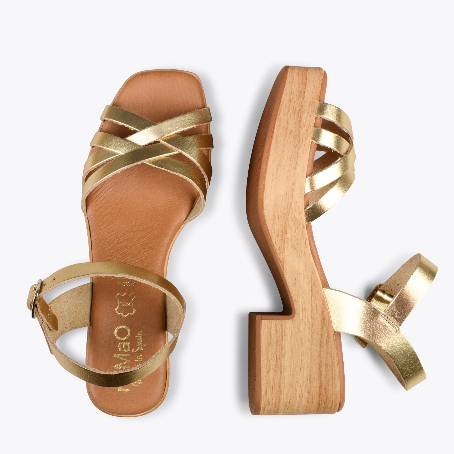 WOOD – GOLD strappy sandal with wooden heel