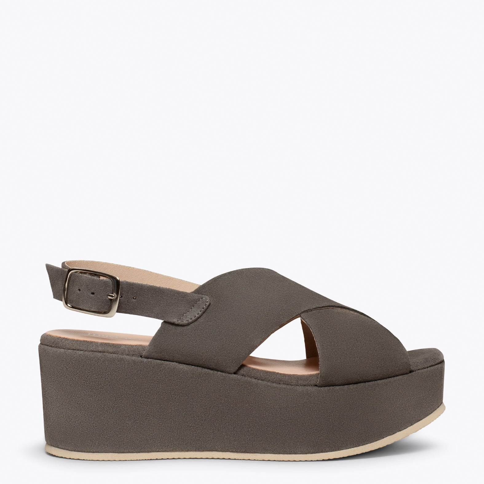 MARA – TAUPE suede platform with front straps