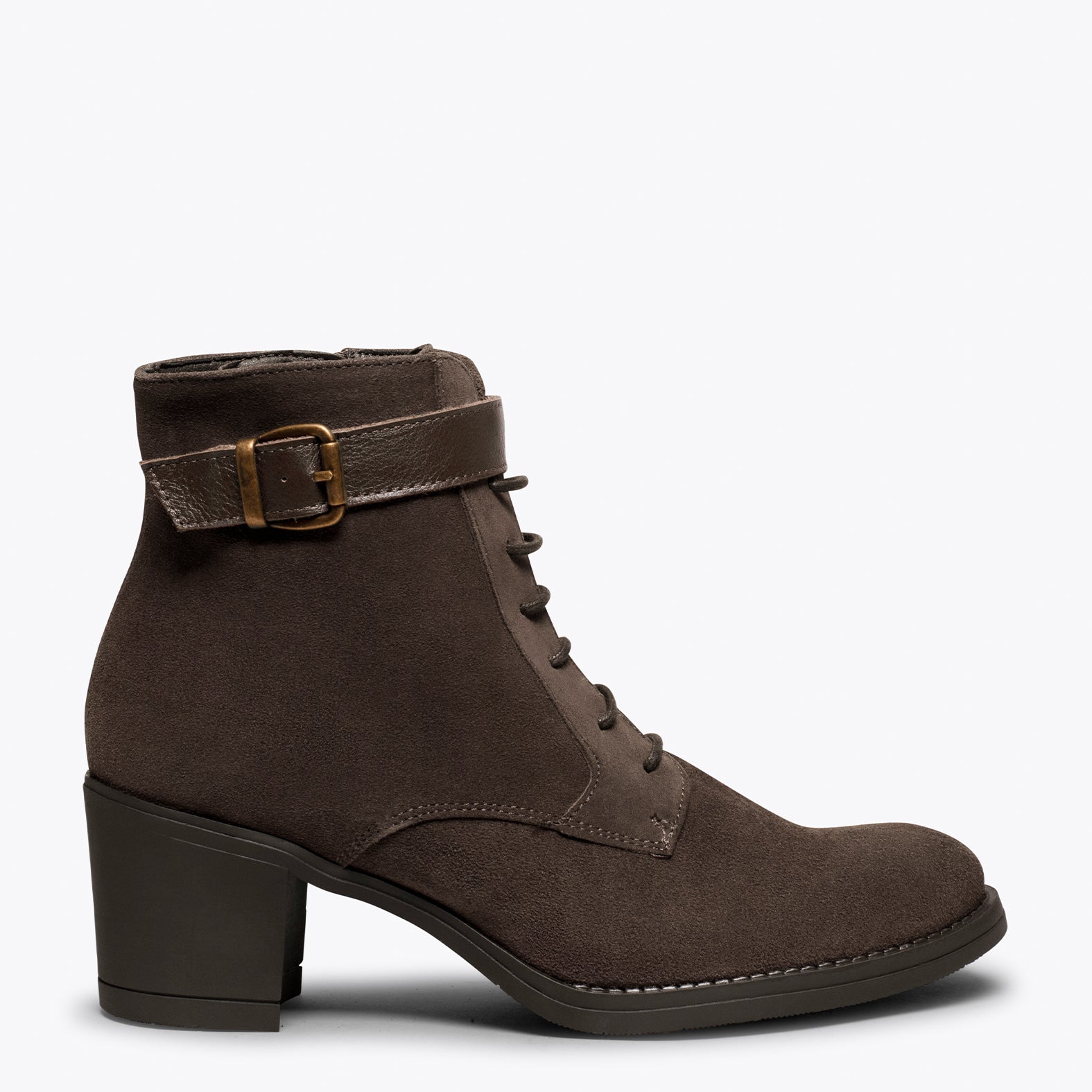 TOP – CHOCOLATE mid heel bootie with laces