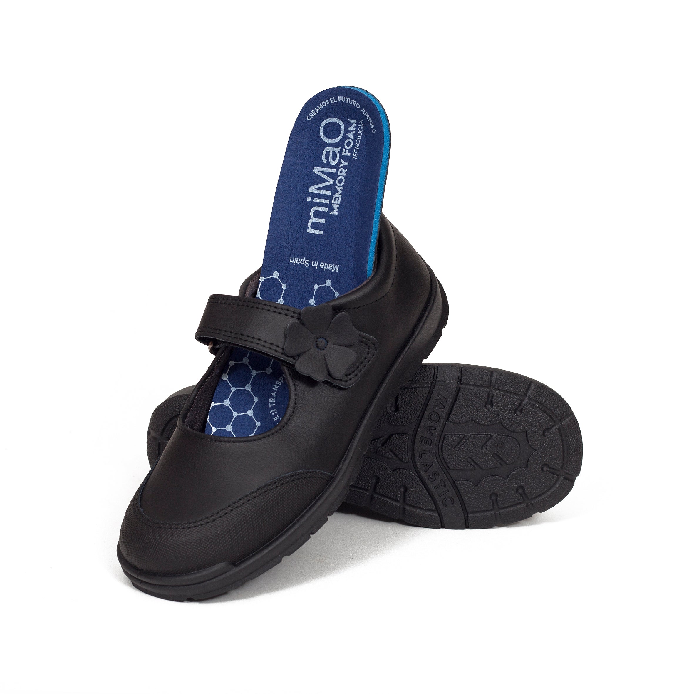 Zapatos escolares niña Merceditas con velcro en piel lavable y plantilla confort 