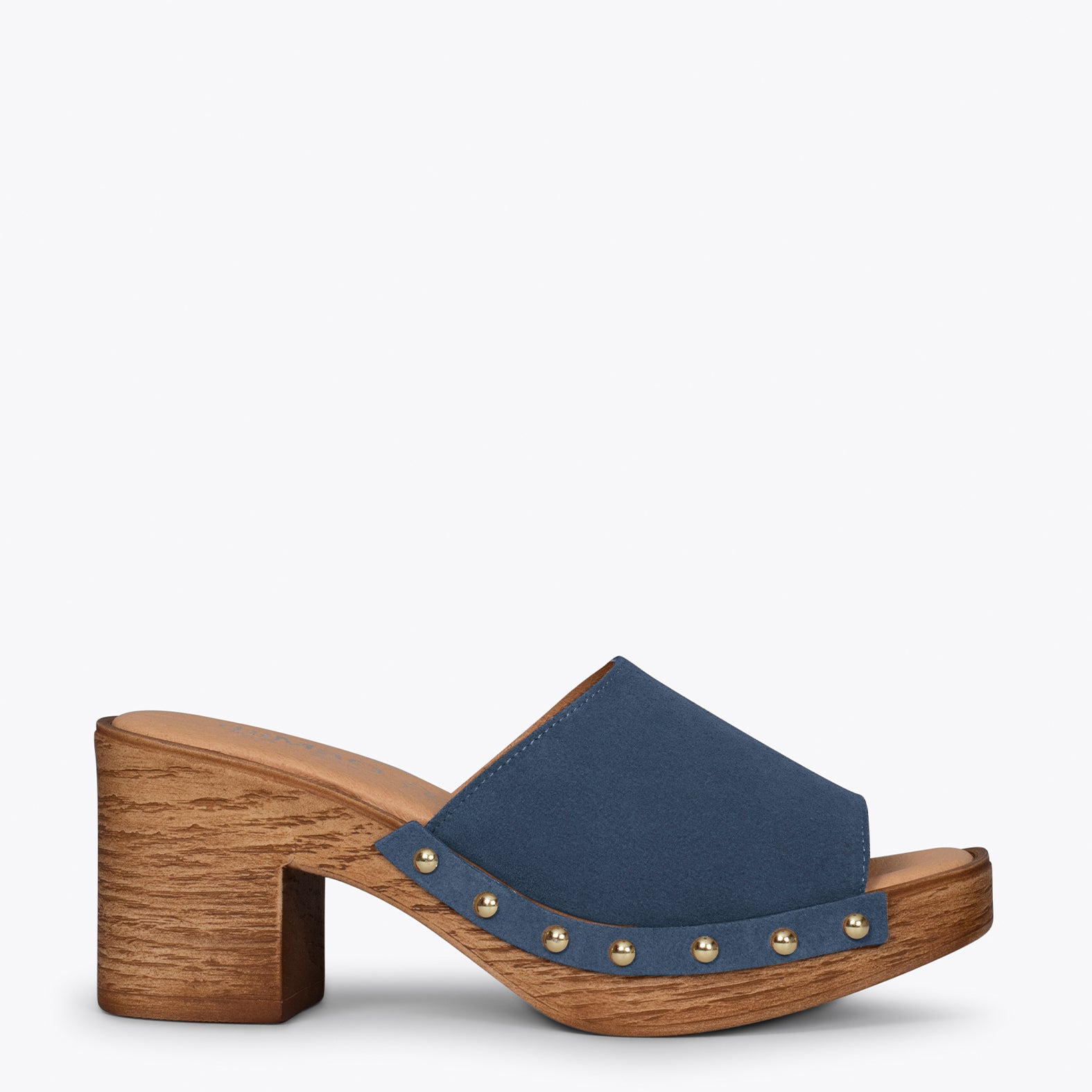 HOLIDAY – BLUE mules with heel and platform