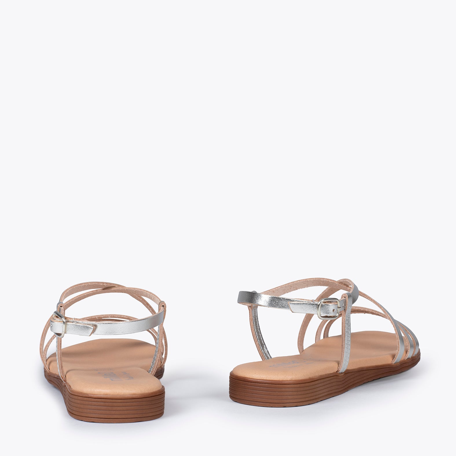 Silver flat sandals shop with ankle strap