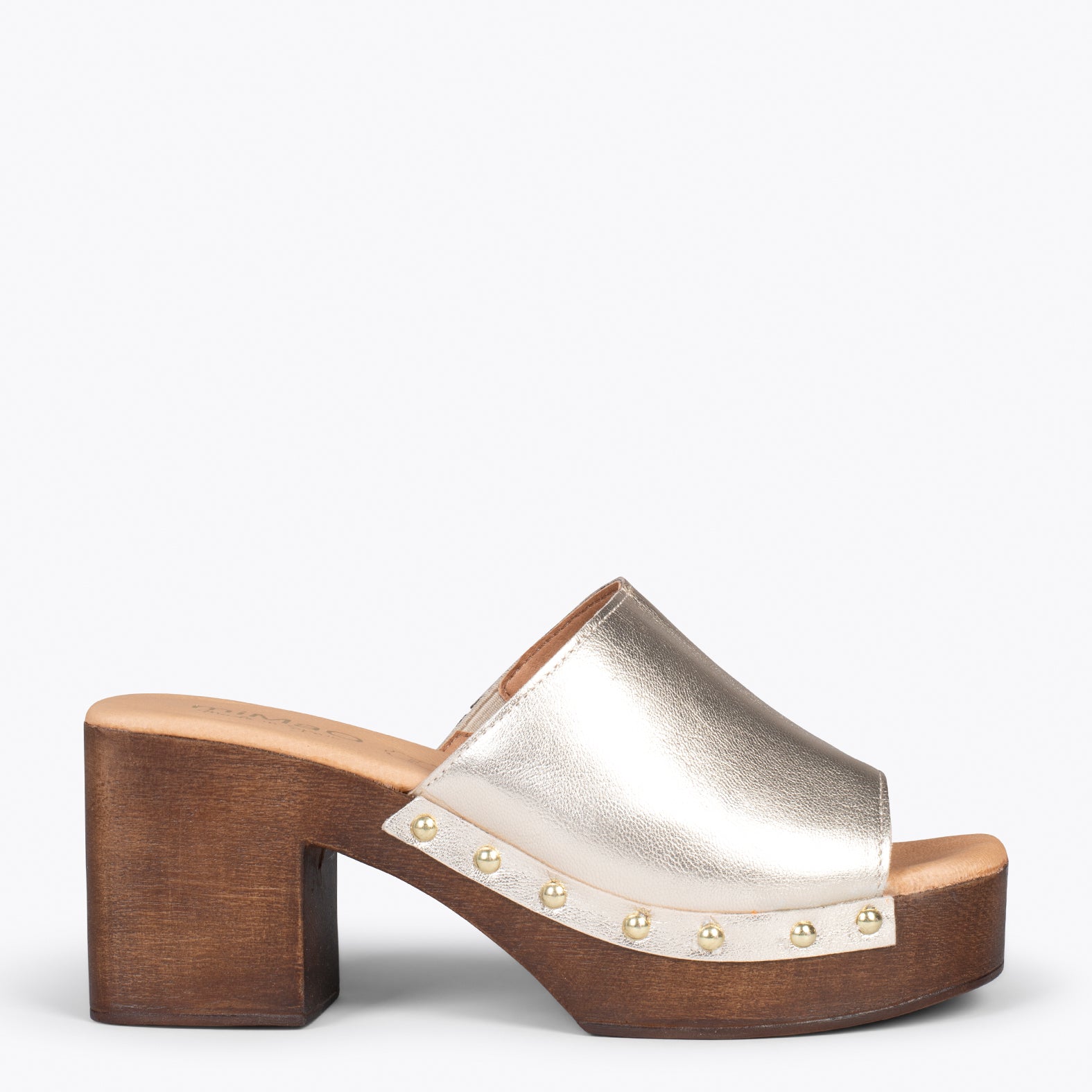 HOLIDAY – GOLDEN mules with heel and platform