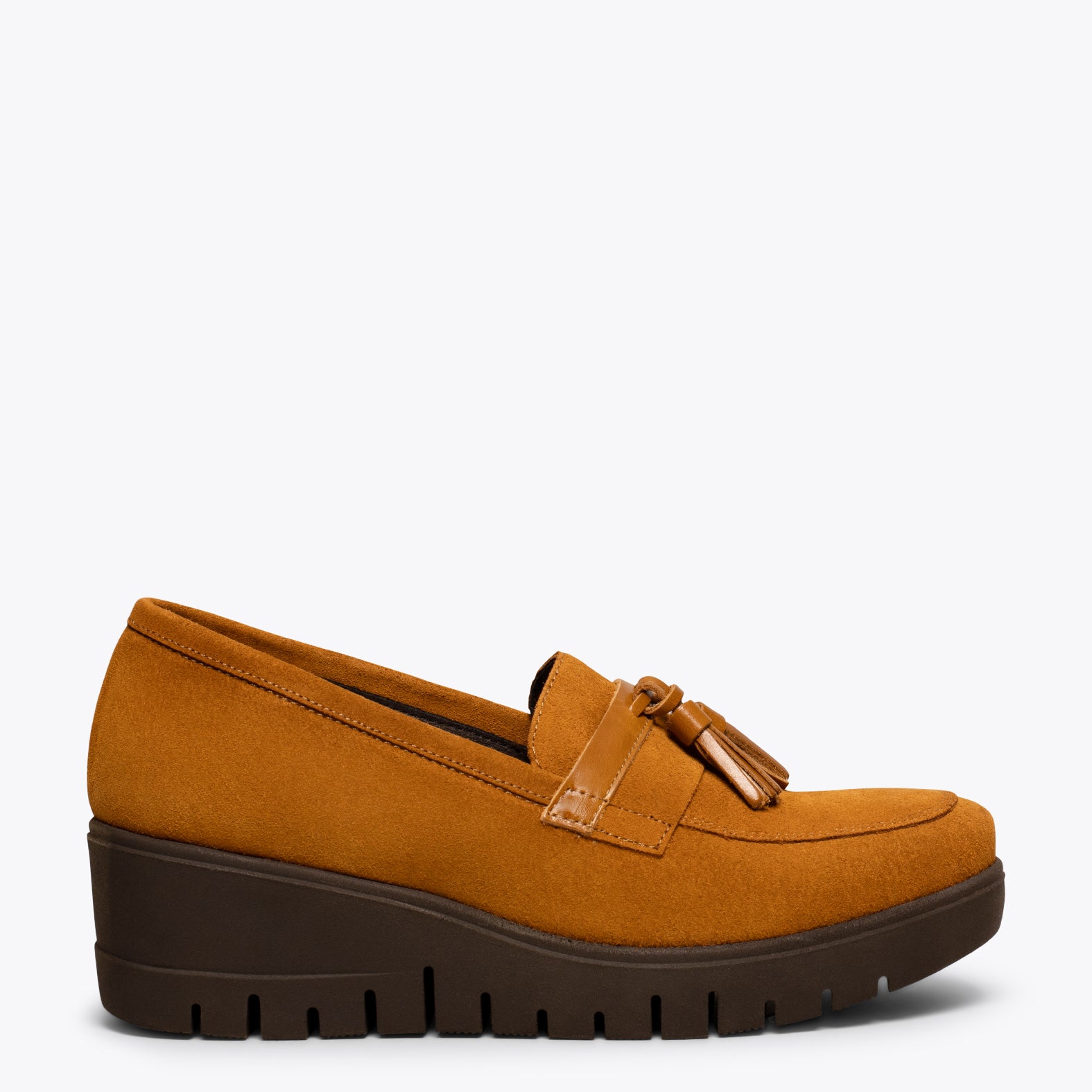 TASSEL - CAMEL moccasin with wedge and platform