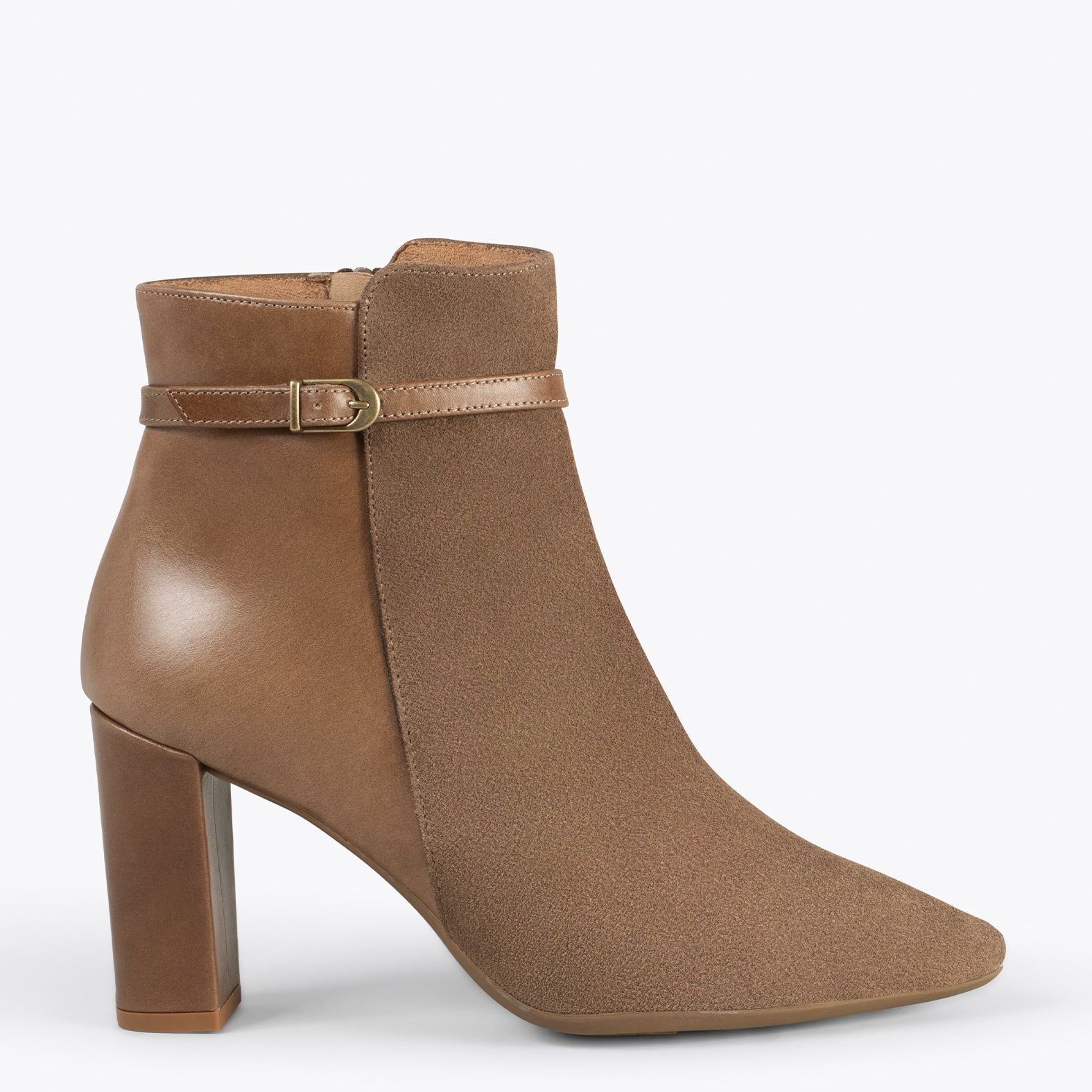 PRAGUE – TAUPE high heel bootie with combined leather