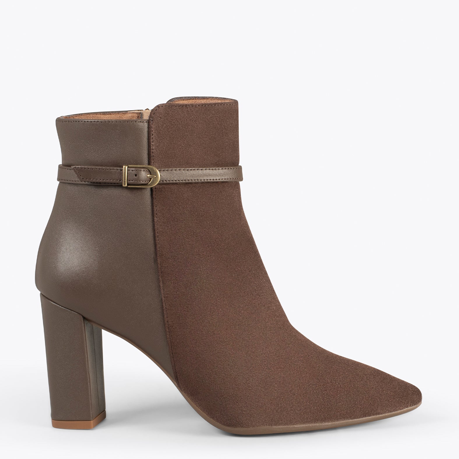 PRAGUE – BROWN high heel bootie with combined leather