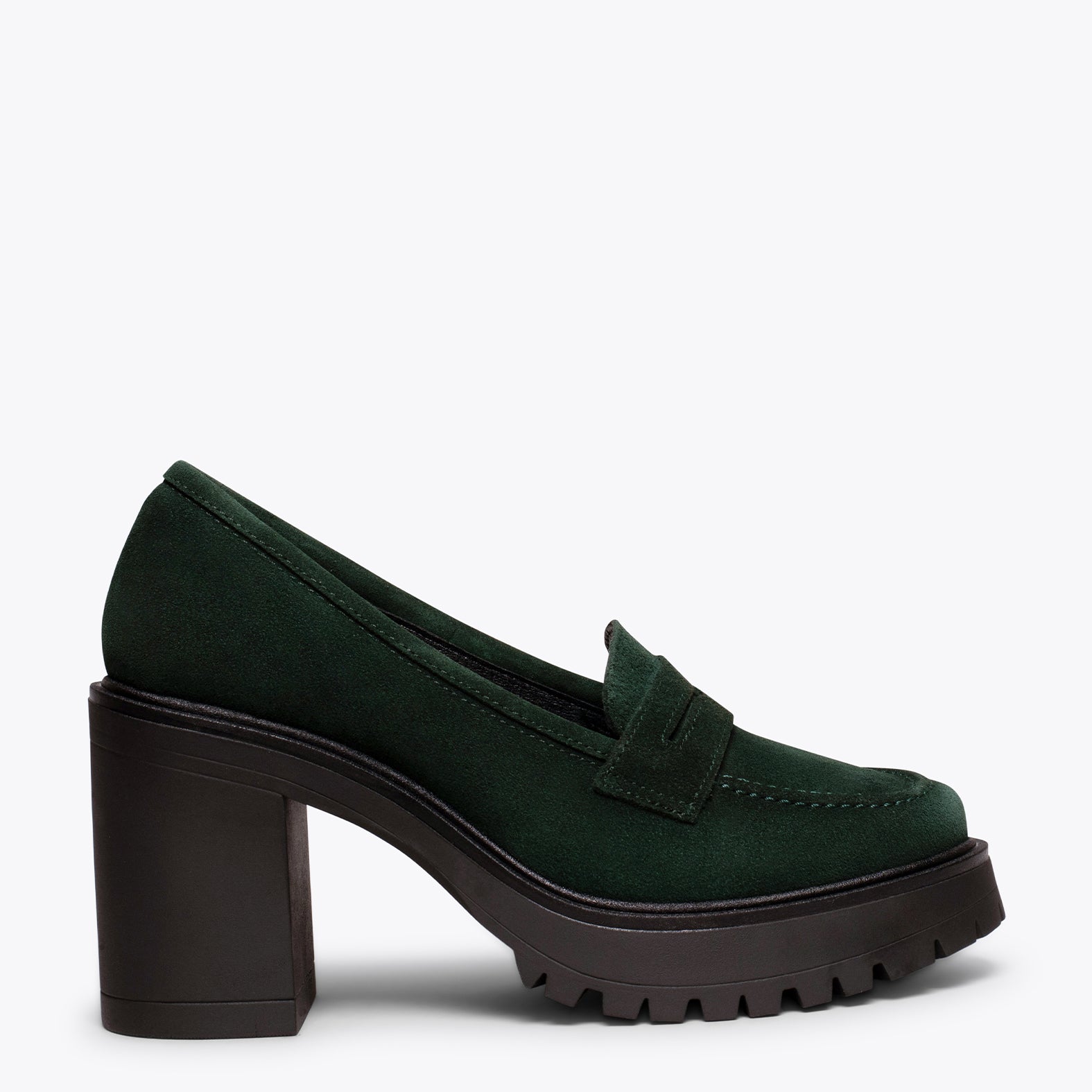 TRACK – GREEN high heel moccasin with track sole